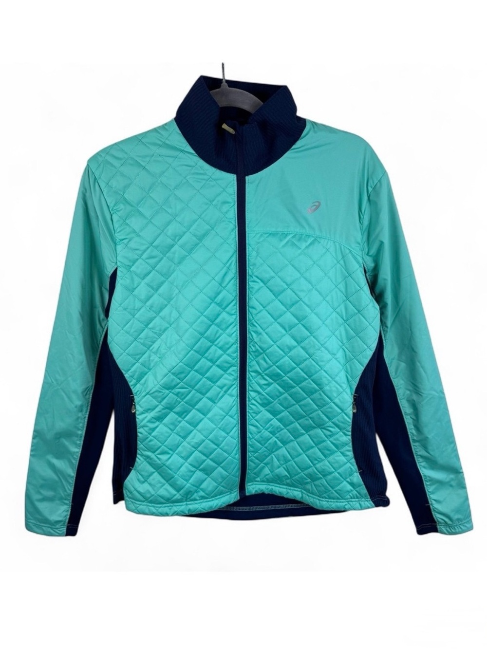 Asics Womens Size Large Quilted Hybrid Running Jacket Aqua Navy Blue Full Zip